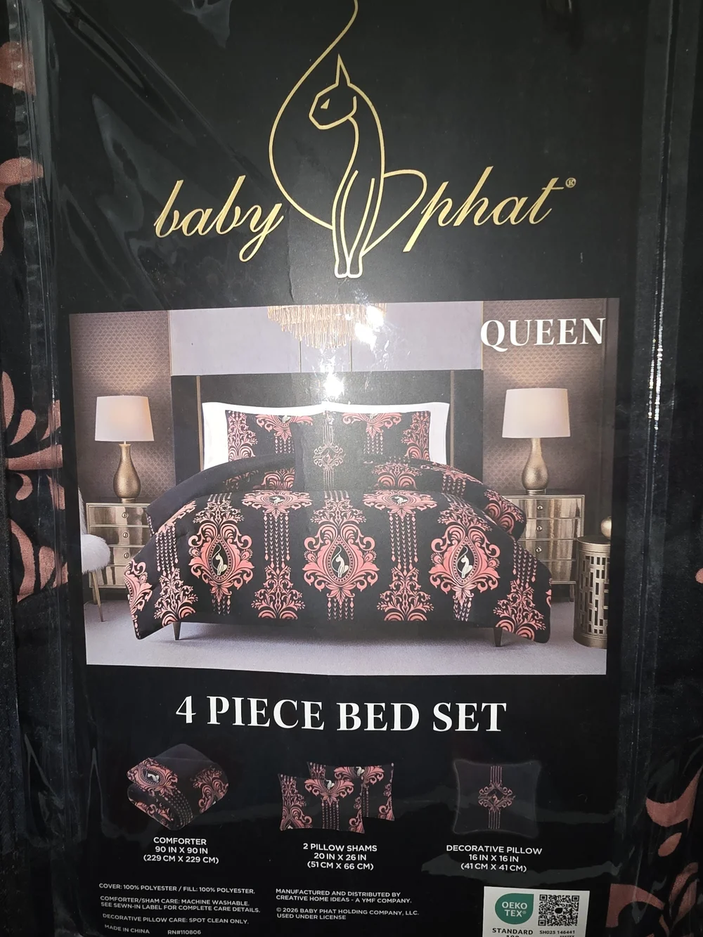 Baby Phat Black and Pink Queen Comforter Set with Damask Motif